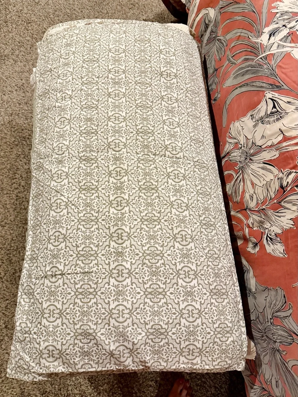 Set of Floral Leaf Quilted Pillowcases in Cream, Green & Brown - Unbranded